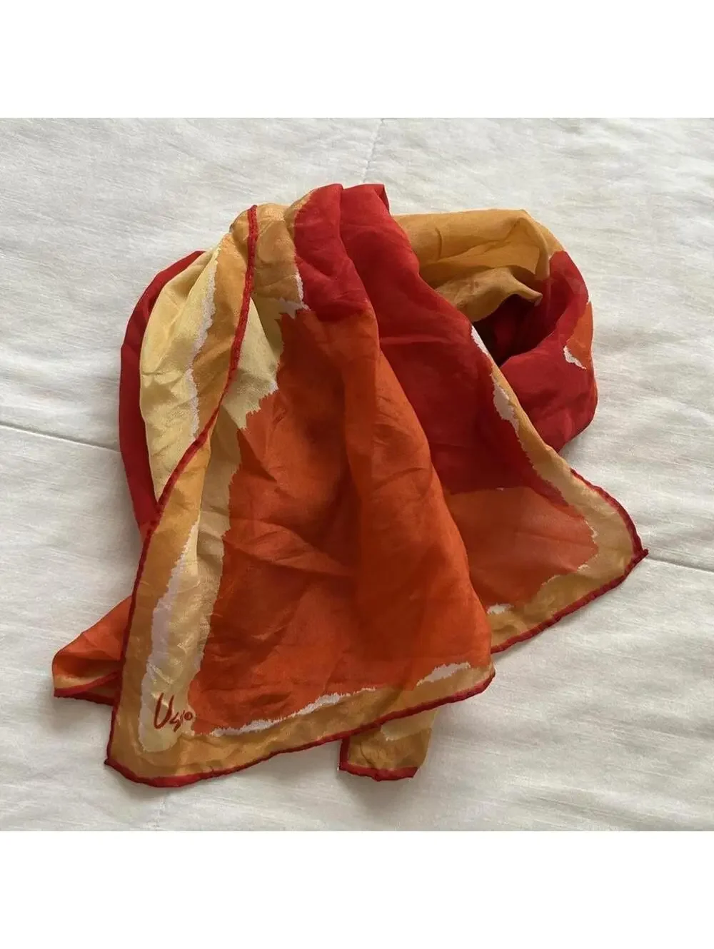 Silk blend red orange abstract print rectangle scarf
